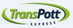 Logo mit blauem und grünem Schriftzug "TransPott Express" und einem grünen Bogen.
