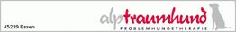 Logo von Alptraumhund mit Hundesilhouette, Text "Problemhundetherapie", Ort: 45239 Essen.