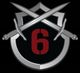 Shield emblem with crossed swords and red number six on a black background.
