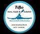 Geschäftslogo von TiBo für Kanuverleih und Bootsshop mit Website und Telefonnummer.