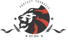 Logo eines Löwenkopfs mit Text "Protect Yourself" und "Est. 2014", verziert mit Sternen und Zweigen.