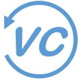 Blaues "vc"-Logo mit Pfeil in einem Kreis.