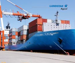 Cargo ship loading containers at a dock, with cranes overhead and "LANDSTAR Agent" logo.