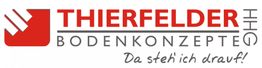 Logo von Thierfelder GmbH mit rotem Quadrat, Schriftzug "Bodenkonzepte" und Slogan "Da steh' ich drauf!".