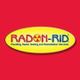 Radon-Rid logo with yellow oval and red text on a red background.