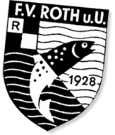 Wappen mit Fisch und Schriftzug "F.V. Roth u.U. 1928" in Schwarz-Weiß.