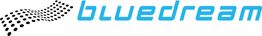 Logo con scritta "bluedream" in blu e un motivo di punti neri a sinistra.
