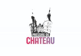 Logo "Pressing du Château" avec croquis de château en noir et texte en rouge-violet.