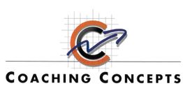 Logo mit Buchstaben C, Pfeil und Text "Coaching Concepts" auf grafischem Hintergrund.