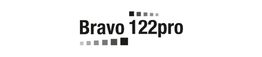 Schwarzer Schriftzug "Bravo 122pro" mit grauen Quadraten ober- und unterhalb.