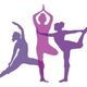 Drie silhouetten in verschillende yogahoudingen in paarse tinten.