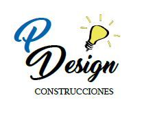 Logo de P Design Construcciones, con una bombilla amarilla sobre la letra "i".