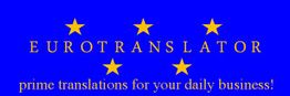 Alt-Text: "Blaues Logo mit gelben Sternen und Schrift 'Eurotranslator' und Slogan 'prime translations'."