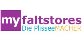 Logo mit Text "myfaltstores Die PlisseeMACHER" in lila, türkis und gelb.