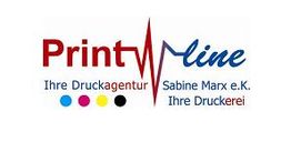 Logo von Printline: "Ihre Druckagentur, Sabine Marx e.K., Ihre Druckerei" mit Farbkreisen.