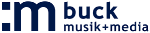 Logo mit blauem Text: ":m buck musik+media".