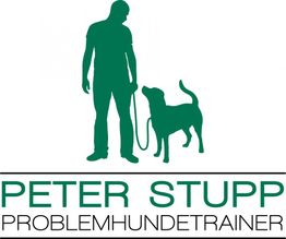 Silhouette eines Hundetrainers mit Hund und Leine, Text: "Peter Stupp, Problemhundetrainer".