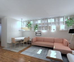 Sala moderna con sofá rosado, mesa de comedor, lámpara colgante y estantería con plantas.