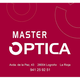 Tarjeta roja de óptica "Master Óptica" con dirección y teléfono en Logroño, La Rioja.
