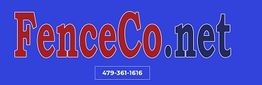 "FenceCo.net logo in red and blue with phone number 479-361-1616 on a blue background."