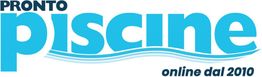 Logo con testo "Pronto Piscine" e "online dal 2010" in blu su sfondo bianco.
