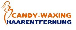 Logo von "Candy-Waxing Haarentfernung" mit stilisierter Frauenkontur in Orange und Blau.