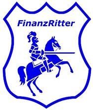 Wappen mit blauem Ritter auf Pferd, Schriftzug "FinanzRitter" darüber.