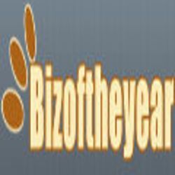 "Logo with 'Bizoftheyear' text and three brown ovals on a gray background."