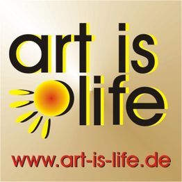 "Schriftzug 'art is life' mit Sonne, Webseite www.art-is-life.de auf goldenem Hintergrund."