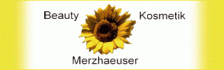 Sonnenblume mit Text: Beauty, Kosmetik, Merzhaeuser. Weißer Hintergrund, gelber Rand.