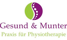 Logo der Praxis "Gesund & Munter" für Physiotherapie mit grün-lila Wirbelsäulenmotiv.