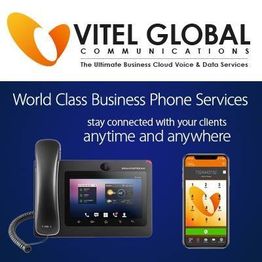 Vitel Global phone services, featuring a desk phone and smartphone with text about connectivity.