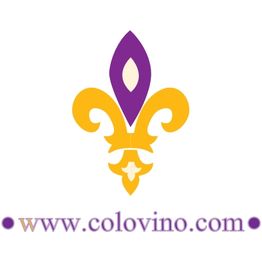 Lilienstilisierte gelb-lila Grafik mit der URL www.colovino.com darunter.