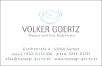 Visitenkarte von Volker Goertz, Masseur, mit Kontaktinformationen und Logo.