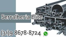 Pilha de tubos metálicos com texto: "Serralheria Elite" e número de WhatsApp.