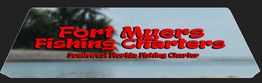 Fort Myers Fishing Charters text on a tropical beach background with palm trees.