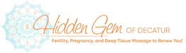Logo of "Hidden Gem of Decatur" with mandala, offering fertility, pregnancy, and massage services.