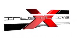 "Logo mit großem roten X und dem Schriftzug 'Interactive'; Hintergrund in Schwarz und Weiß."