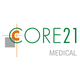 Logo mit Text "CORE21 MEDICAL" und grafischen Elementen in Grün, Orange und Grau.