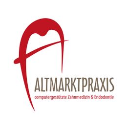 Rotes stilisiertes Zahn-Logo, Text: ALTMARKTPRAXIS, computerunterstützte Zahnmedizin & Endodontie.