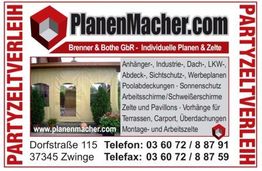 Werbung für PlanenMacher.com mit Kontaktinformationen und Angebot an Planen und Zelten.
