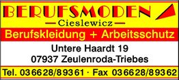 Berufsbekleidung und Arbeitsschutz von Berufsmoden Cieslewicz, Adresse und Kontaktdaten enthalten.