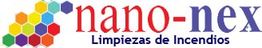 Logo de Nano-nex con texto "Limpiezas de Incendios" y hexágonos de colores a la izquierda.