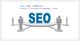 SEO graphic with people icons, blue text "SEO," and company info at the top.