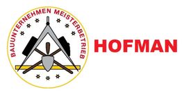 Logo eines Bauunternehmens mit Werkzeugen und dem Text "HOFMAN".