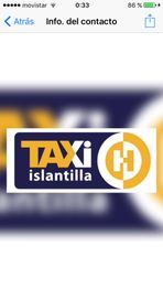 Logo de "Taxi Islantilla" con fondo azul y amarillo, y símbolo circular a la derecha.
