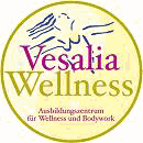 Logo von Vesalia Wellness, Ausbildungszentrum für Wellness und Bodywork, mit Zeichnung einer Figur.