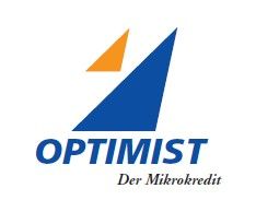 Logo mit blauem Segel, orangem Dreieck, Text "OPTIMIST" und "Der Mikrokredit" darunter.
