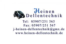 Geschäftskontakt von Heinen Dellentechnik mit Auto und Kontaktdaten auf weißem Hintergrund.
