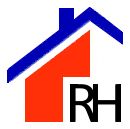 Logo mit blauem Hausdach, rotem Haus darunter und den Buchstaben "RH".